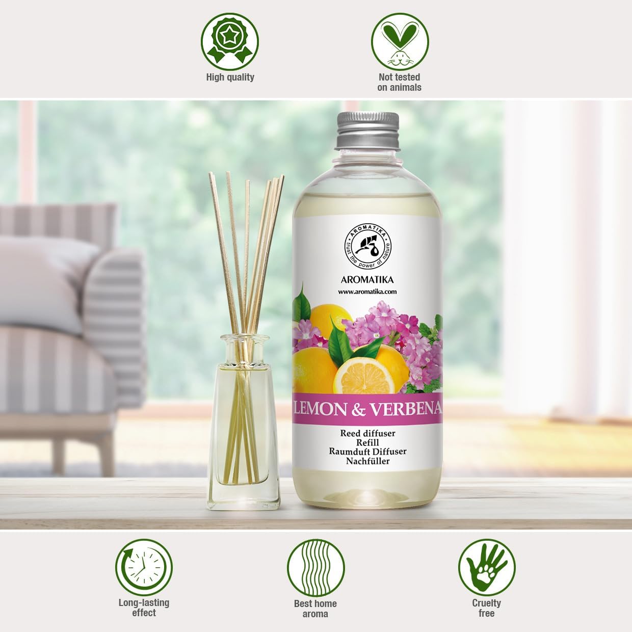 Reed Diffuser Refill Lemon & Verbena 17 Fl Oz - Home Fragrance - Air Freshener - Room Freshener - Relaxation Fragrance - Scented Diffusers - Citrus Scent - Aromatherapy