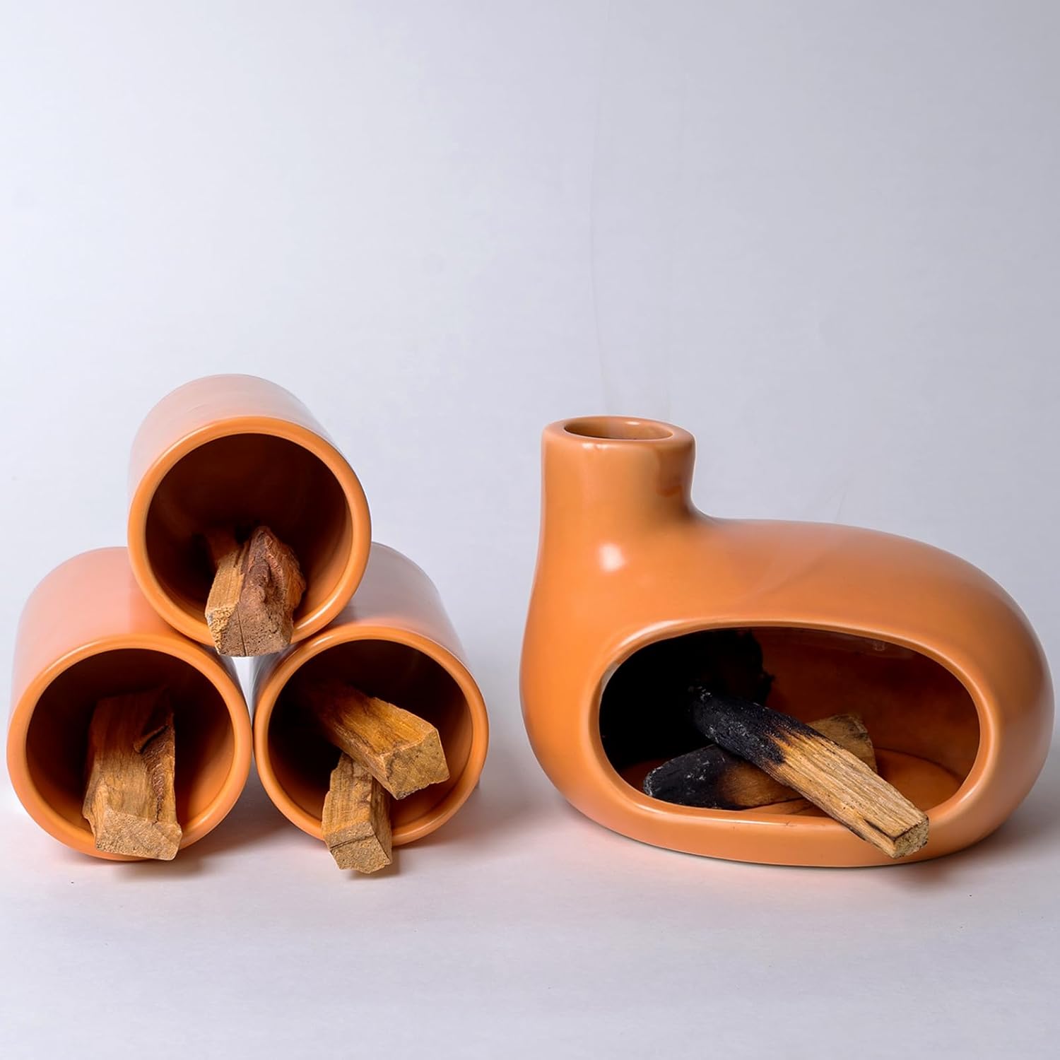 MOUGIGI Palo Santo Holder Set with 3 Matchstick Holders - Modern Handcrafted Ceramic Incense Burner with Chiminea, Perfect for Meditation - Smudge Bowl for Palo Santo Sticks, Sage, and Cones.