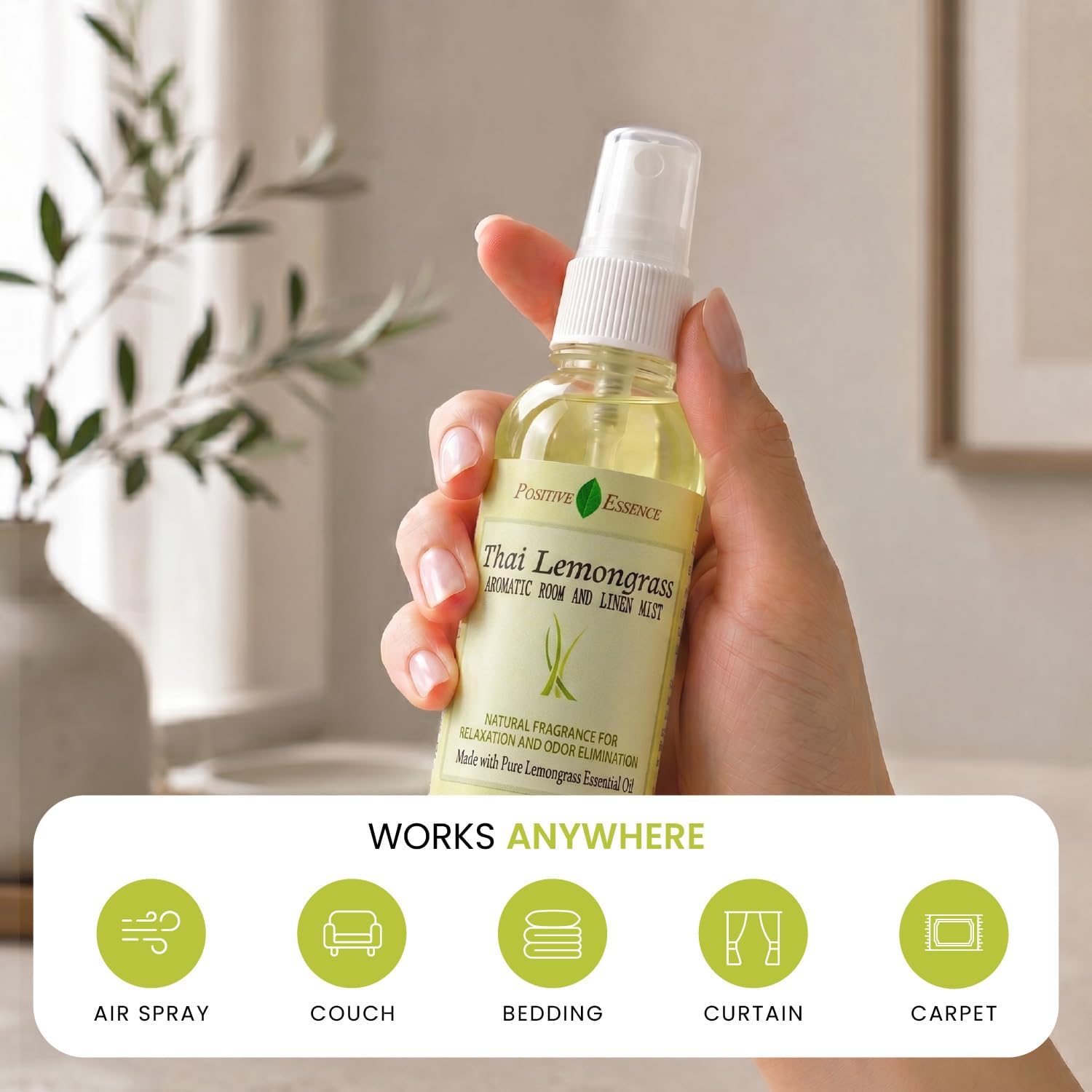 Thai Lemongrass Linen and Room Spray, Natural Air Freshener Made with Pure Lemongrass Essential Oil, Bathroom Air Freshener or Calming Pillow Spray