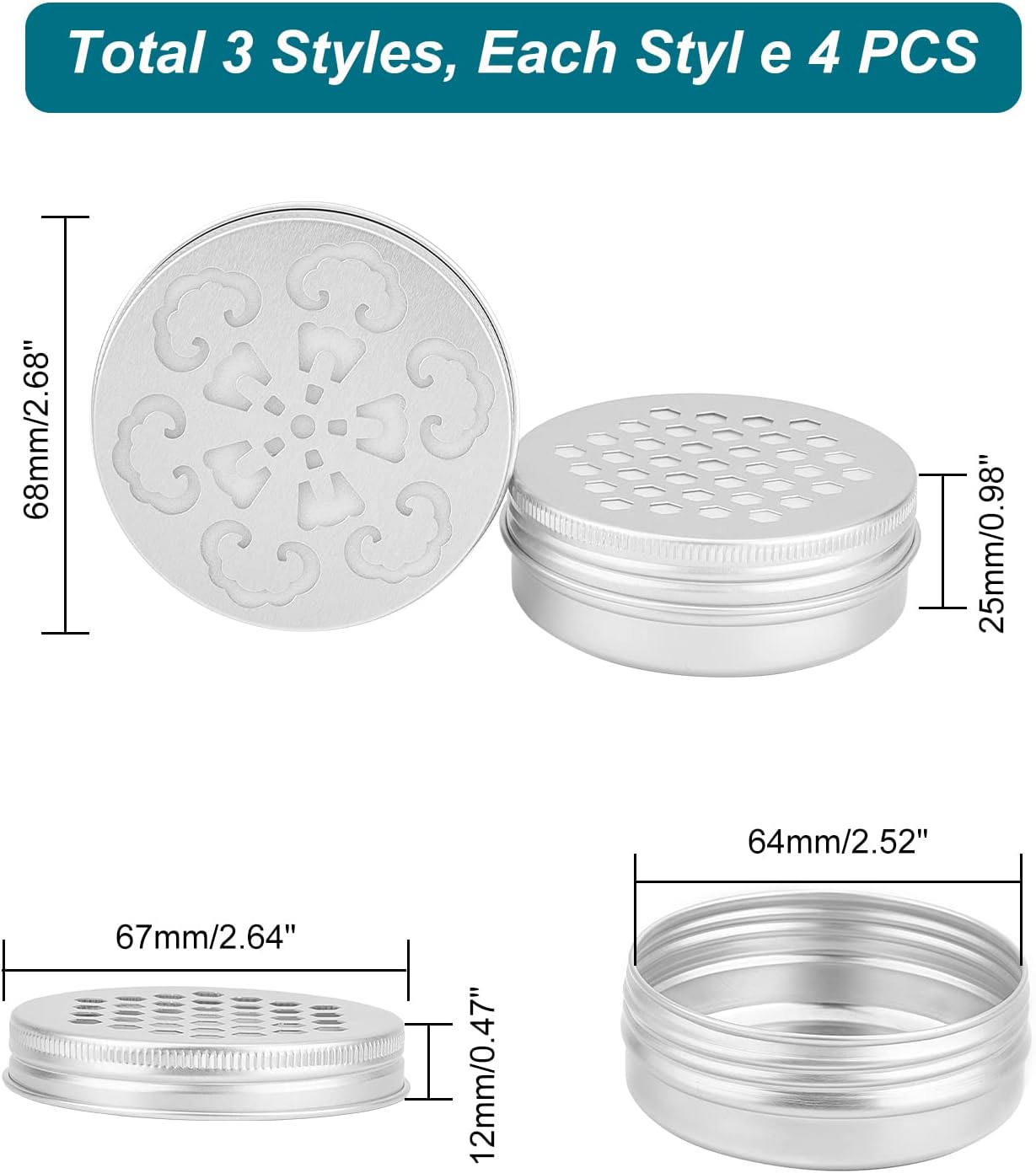 PH PandaHall 2 Ounce Aluminium Tins, 12pcs 3 Styles Empty Storage Containers with Hollow Lids 60ml Screw Lid Round Jars Sample for Aromatherapy Air Freshener Candles Travel Storage