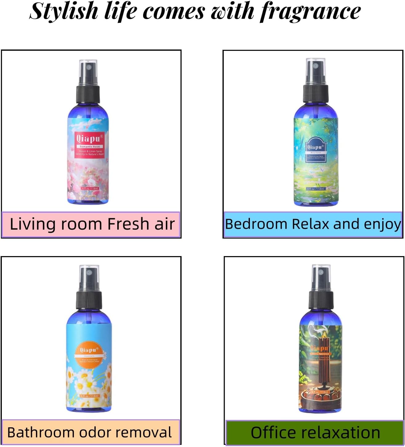 Natural Bedroom Linen Spray Scented Room Mist with Plant Extracts Long Lasting Freshness for Sheets, Pillows & Curtains –Ebony Agarwood + Misty Forest + Chamomile + Romantic Rose 4oz（4 Bottle）