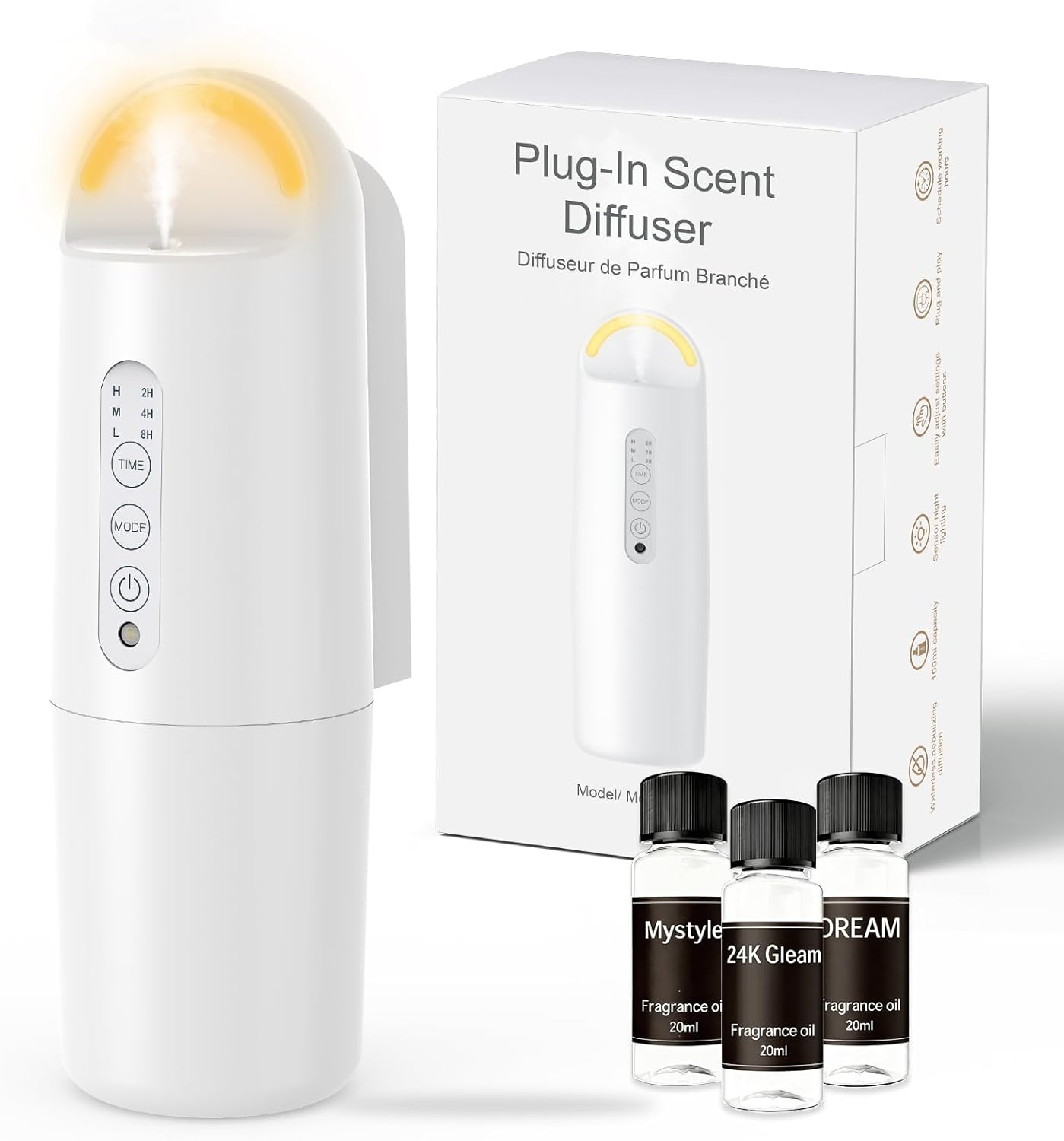 Plug in Waterless Essential Oil Diffuser, Elegant Waterless Scent Diffuser Starter Kit with 24H Smart Timer & Light Sensor, 1000 Sq. Ft., Aromatherapy Diffusers for Home, Office, 100ML
