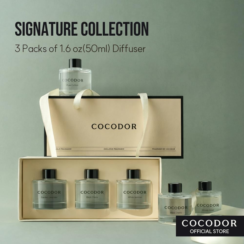 COCODOR Signature Collection Reed Diffuser Set of 3/White Jasmine,Garden Lavender,Black Cherry/1.6oz Each Pack/Home Fragrance Diffuser, Oil Scent Diffuser for Bathroom Shelf Decor
