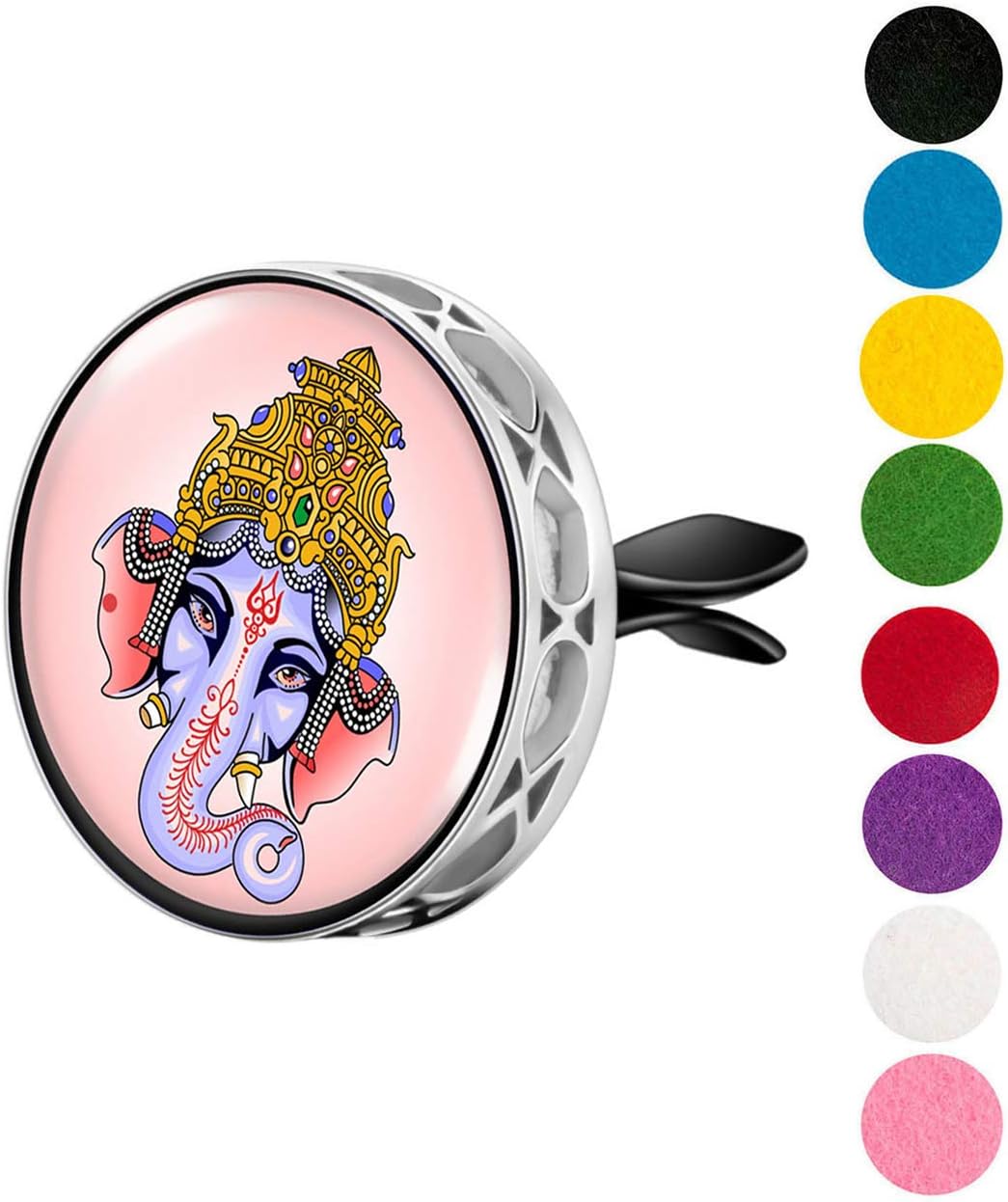 Wild Essentials Enamel Finish Ganesha Aromatherapy Car Air Freshener Essential Oil Car Vent Diffuser with Vent Clip and 8 Color Refill Pads
