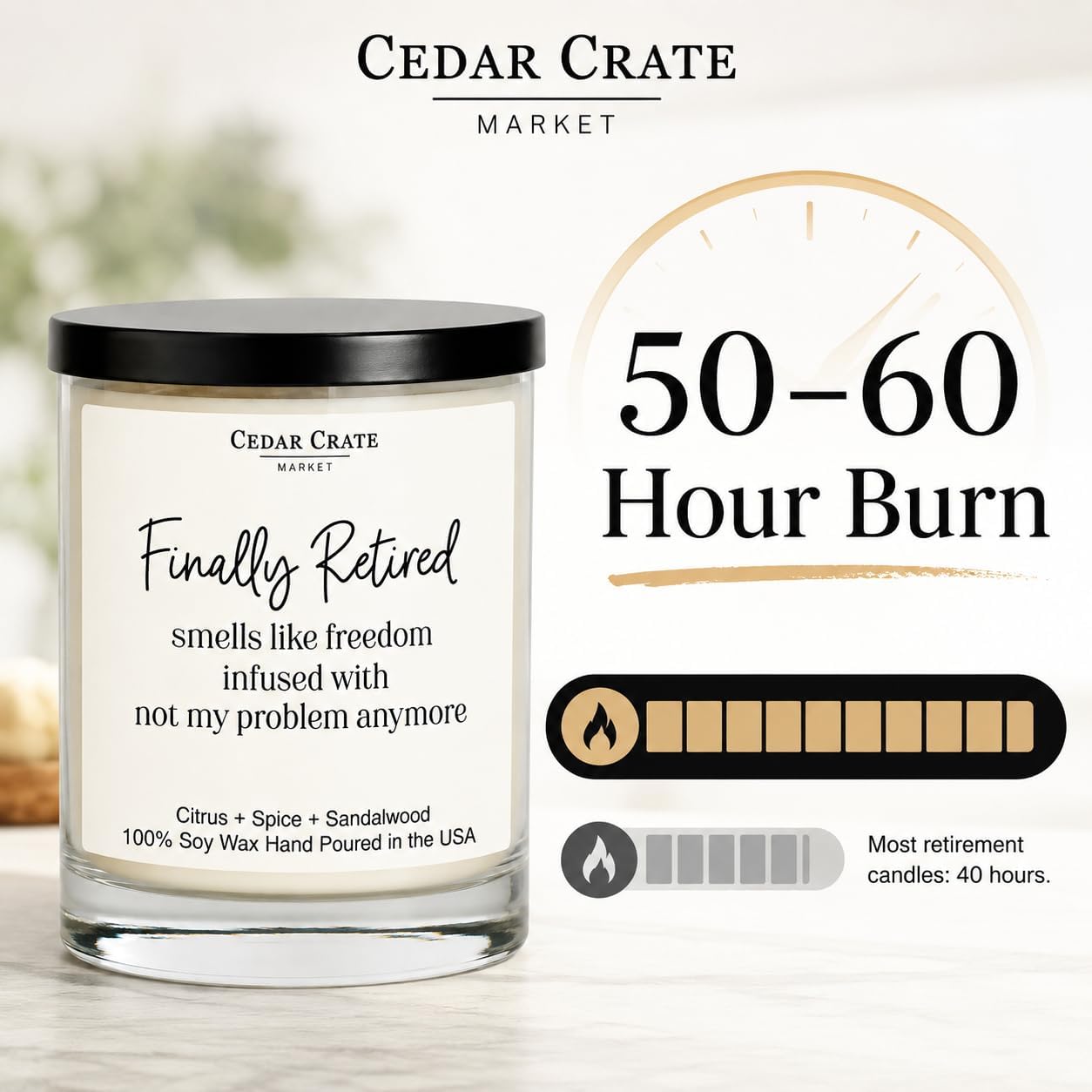 Cedar Crate Market - Retirement Gift for Woman, Men - Finally Retired Soy Wax Candle,Caribbean Retreat Scented, 60 Hours Burn, Eco-Friendly Glass Jar, Farewell Presents for Coworkers - Made in USA