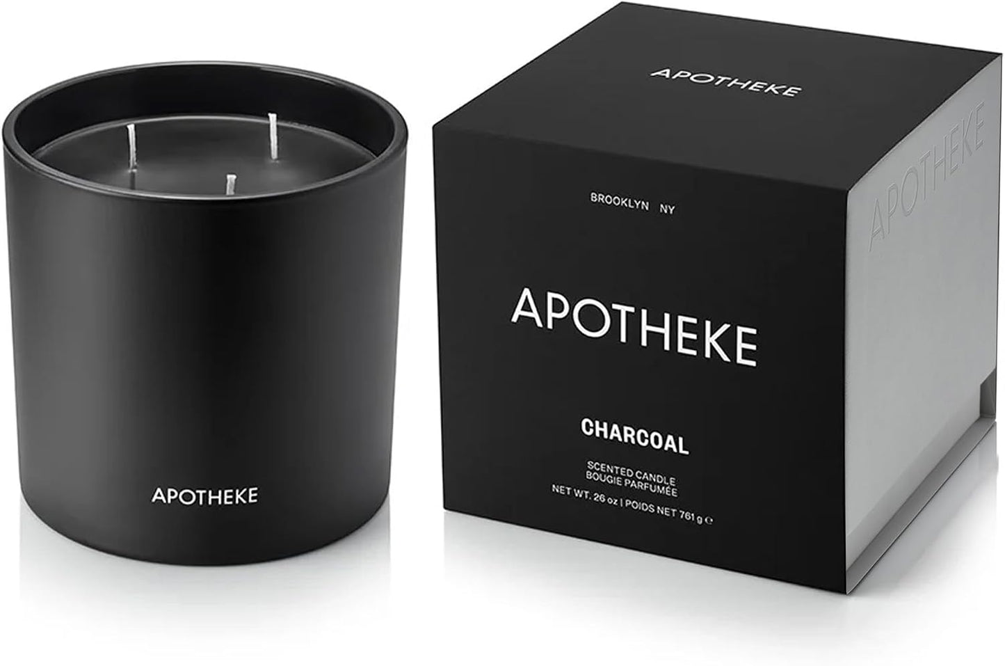 Apotheke 3-Wick Scented Candles for Home, Charcoal - 26 oz Soy Wax Jar Black Candle Gift for Women - Long-Lasting Fragrance with Perfume-Grade Essential Oils - Cedarwood, Sandalwood, Oud & Amber