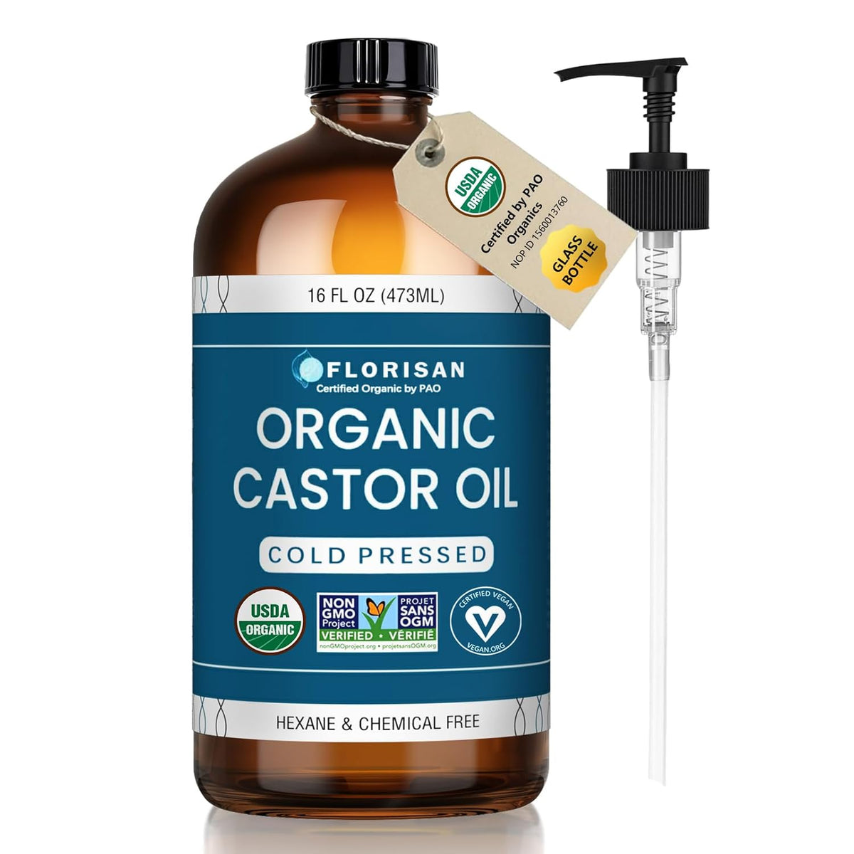 Florisan USDA Certified Organic Castor Oil 16oz Glass Bottle