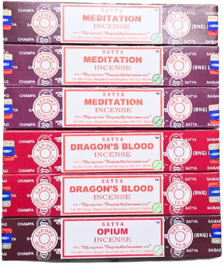 Satya with ANKCIENSE Incense Holder Pack of 3 fragrances Variety Pack of 90 Sticks. Meditation, Dragon Blood & Opium Insense Insence