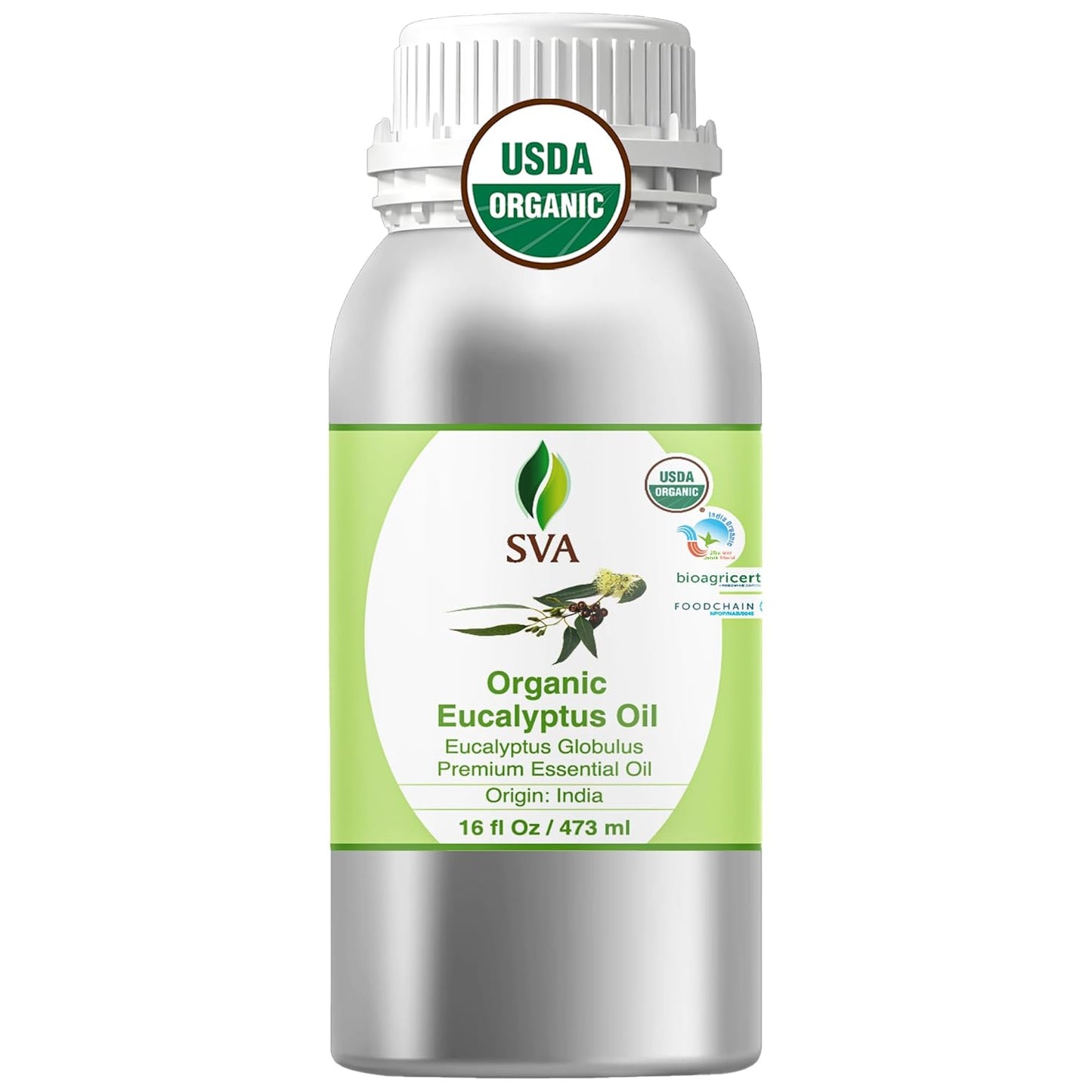 SVA Eucalyptus Essential Oil Organic – 16 Fl Oz – 100% Natural Organic Eucalyptus Oil for Hair, Face, Skin Care, Diffuser, Aromatherapy, Scalp, Body Massage, Soap and Candle Making