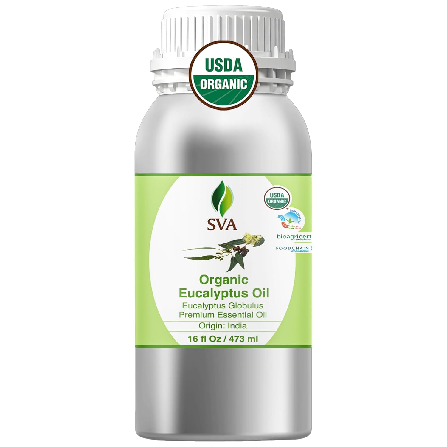 SVA Eucalyptus Essential Oil Organic – 16 Fl Oz – 100% Natural Organic Eucalyptus Oil for Hair, Face, Skin Care, Diffuser, Aromatherapy, Scalp, Body Massage, Soap and Candle Making