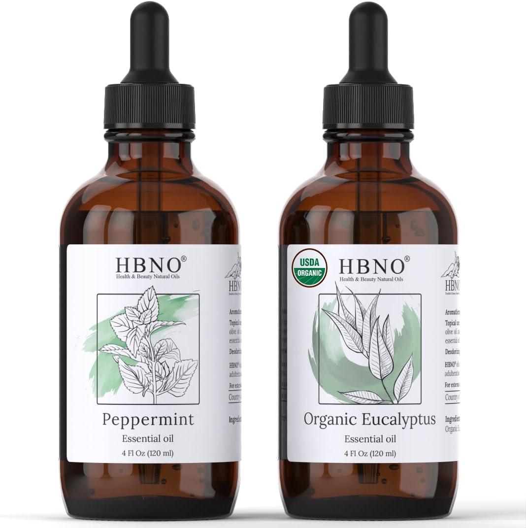 HBNO Peppermint Essential Oil - Huge 4 oz (120ml) and HBNO Organic Eucalyptus Essential Oil (Globulus) - Huge 4 oz (120ml) - Value Bundle