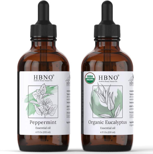 HBNO Peppermint Essential Oil - Huge 4 oz (120ml) and HBNO Organic Eucalyptus Essential Oil (Globulus) - Huge 4 oz (120ml)