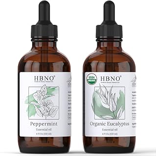 HBNO Peppermint Essential Oil - Huge 4 oz (120ml) and HBNO Organic Eucalyptus Essential Oil (Globulus) - Huge 4 oz (120ml) - Value Bundle