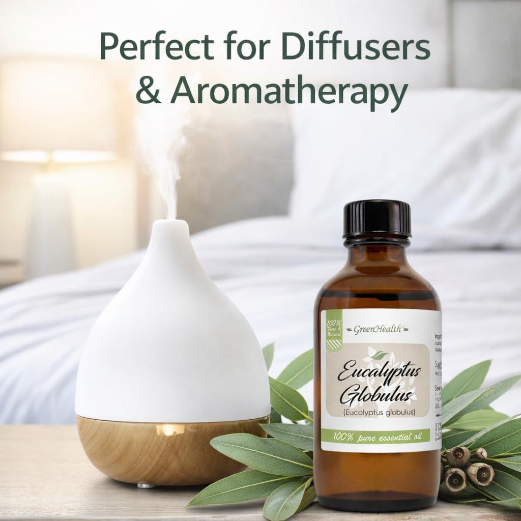GreenHealth Eucalyptus Essential Oil 4 fl oz – 100% Pure & Natural – Aromatherapy Oil for Diffuser, Air Freshener, Cleaning, Home Fragrance – Therapeutic Grade – Large Value Size