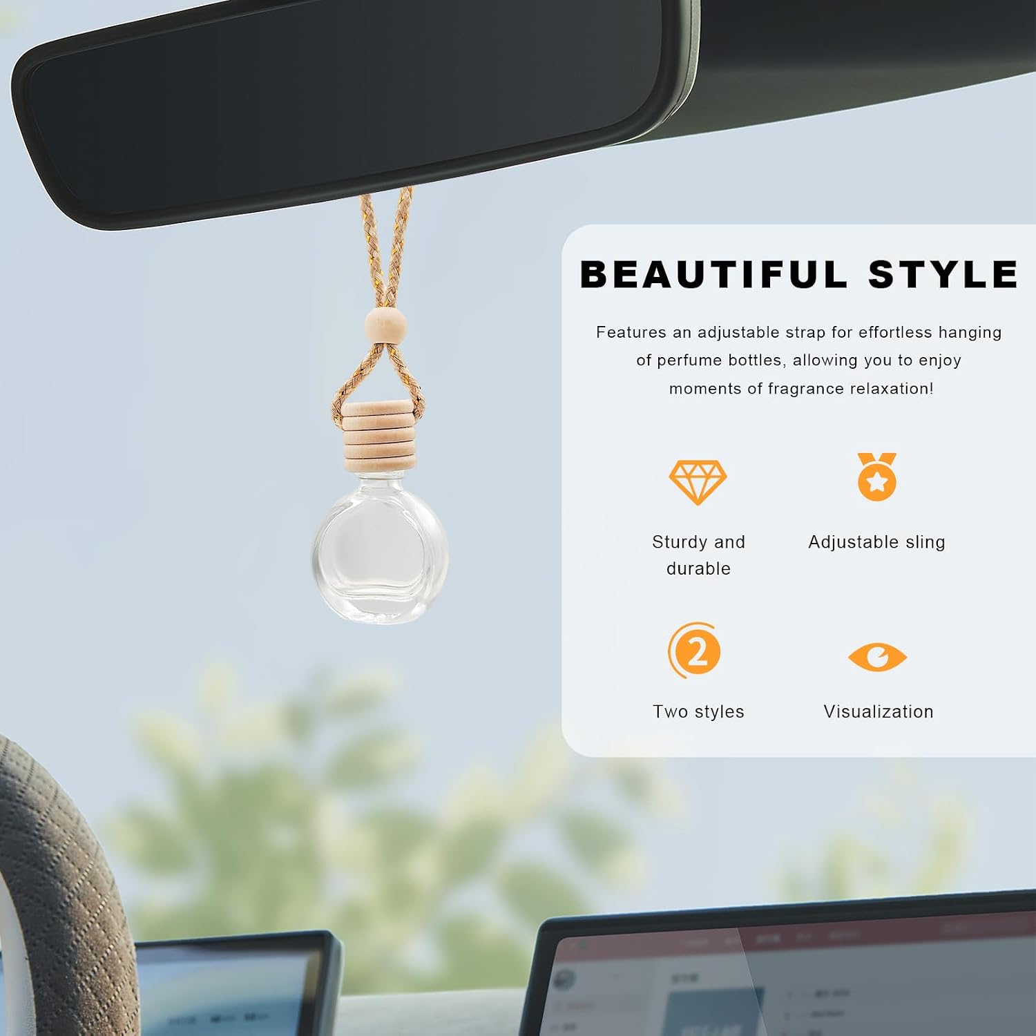 4 PCS Hanging Car Air Freshener, 10ml Empty Glass Perfume Bottle Pendant with Wooden Caps & Ropes, Essential Oil Fragrance Ornament Mini Interior Decoration for Most Vehicles (Oblate)