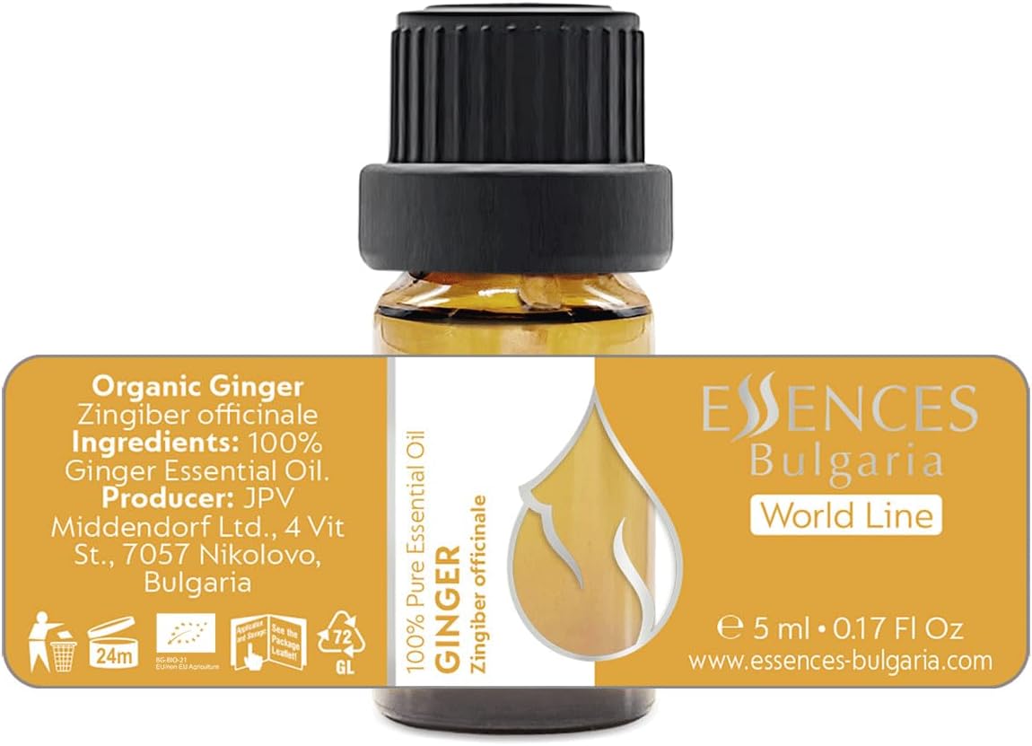 Essences Bulgaria Organic Ginger Essential Oil 0.17 Fl Oz 5ml Zingiber officinale - 100% Pure Natural Undiluted Therapeutic Grade Aromatherapy Oil for Diffuser Humidifier Lymphatic Drainage Massage
