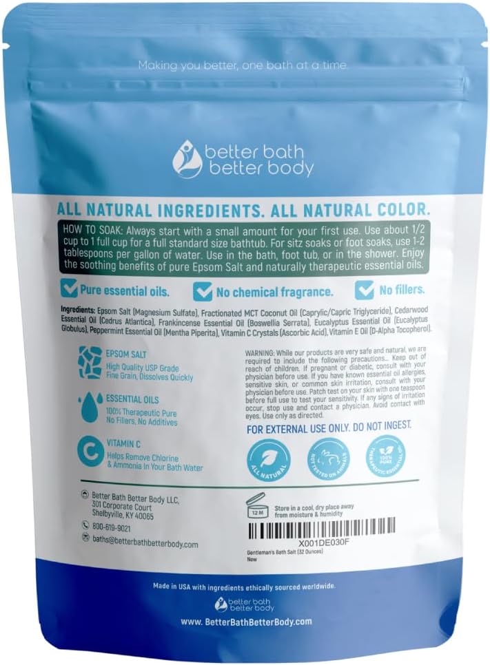 Gentleman's Bath Salt 32 Ounces (2 Lbs) Epsom Salt Soak for Men with Natural Cedarwood and Frankincense Essential Oils Plus Vitamin C in BPA Free Pouch with Easy Press Lock Seal Made in USA