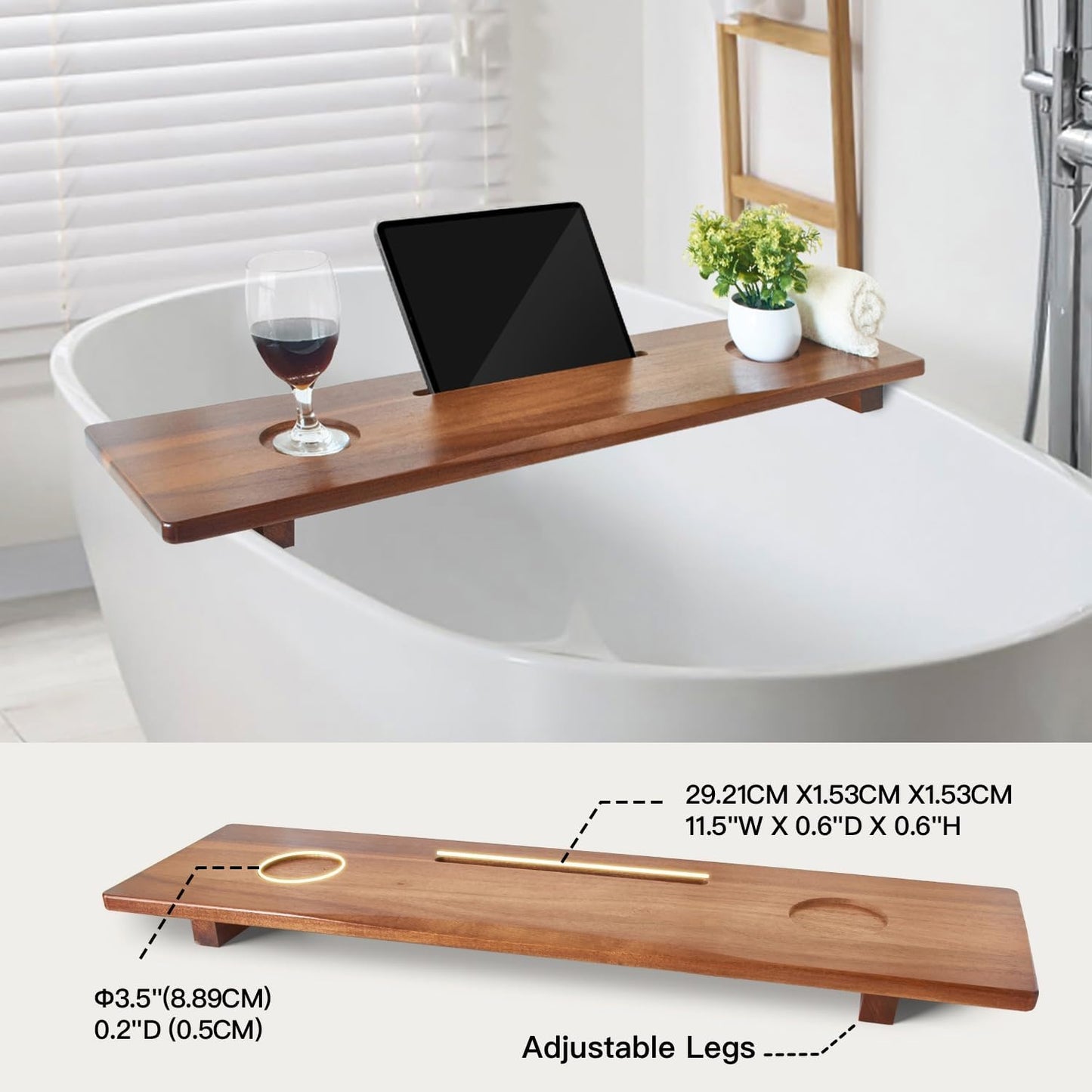 DAOYOUSKY Luxe Premium Acacia Wood Bathtub Tray Caddy with Adjustable Legs, 35x9 Inch Large Wooden Bath Tub Board, Anti-Tipping Bath Shelf Over Tub, Bathtub Accessories