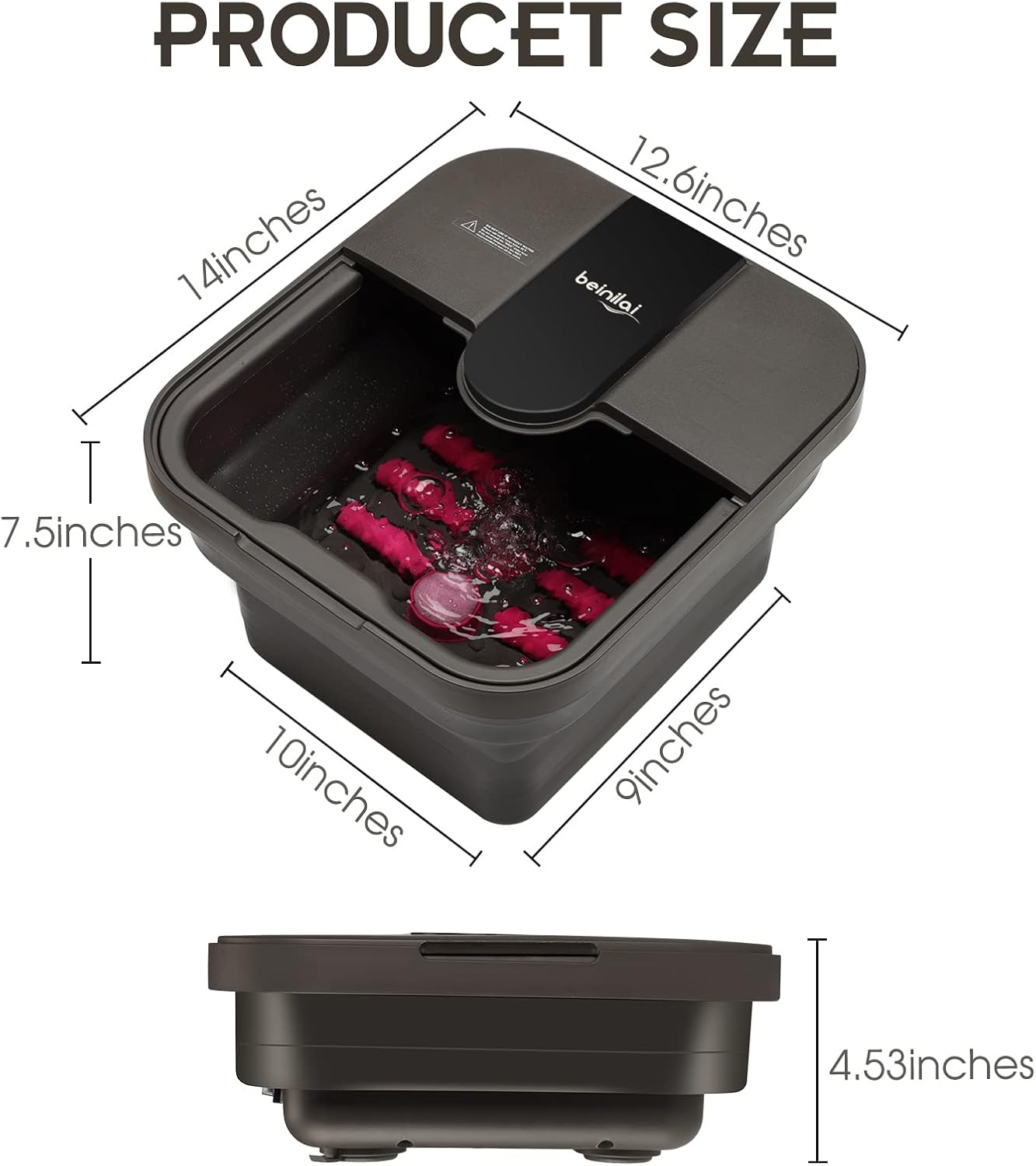 Beinilai Collapsible Foot Spa,Foot Bath with Heat and Massage and Bubble Jets,Foot Soak Tub with Six Non Motorized Rollers,Acupressure Massage Points,Red Light and Removable Pumice Stone
