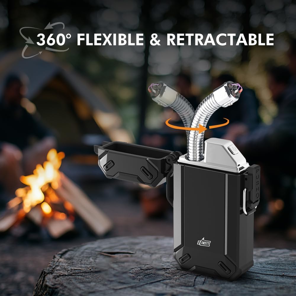 Dual Arc USB Rechargeable Electric Camp Lighter with Retractable Flexible Long Neck Waterproof Windproof Lighter for Outdoor, Grill and Candle (Black)