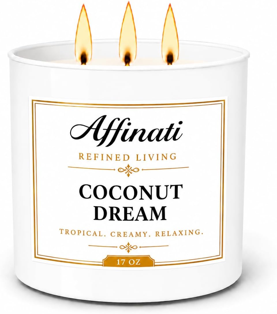 Affinati Coconut Dream 3-Wick Scented Candle – Large Soy Blend Candle, Strong Scent Throw Sweet Creamy Paradise Tropical Vibe Candle, Premium Clean Burning Aromatherapy Gift