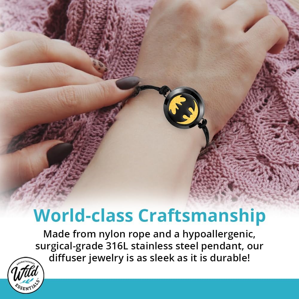 Wild Essentials Black Chrome Bat Essential Oil Diffuser Bracelet Gift Set with Aromatherapy Pendant, Adjustable Nylon Band, 12 Pads and 100% Pure Oils; Lavender, Lemongrass, Orange and Peppermint