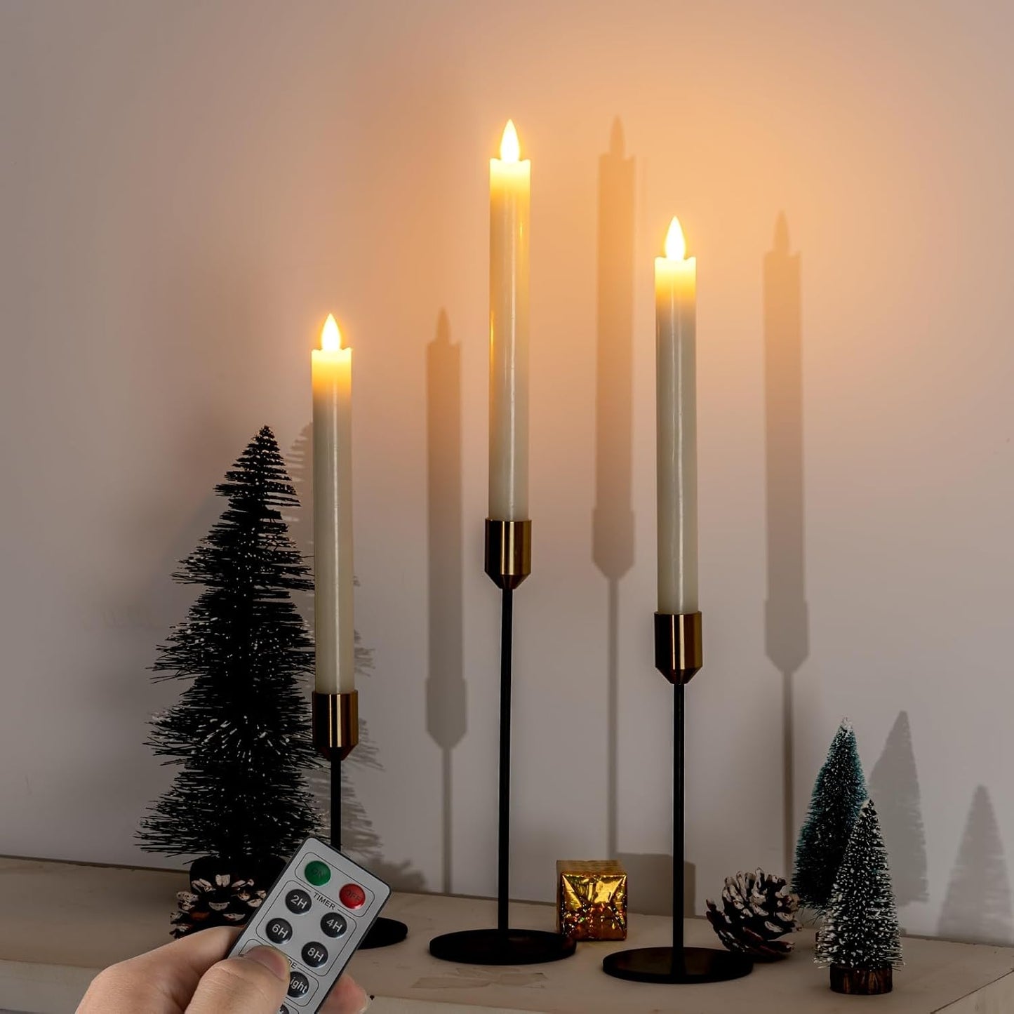 Homemory Waxy Flameless Taper Candles with Remote Timer Dimmer, LED Candlesticks Flickering, Battery Operated Window Candles, 9.6 Inches for Christmas Wedding Celebration Decor, Ivory, 6 Pcs