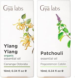 Organic Ylang Ylang Essential Oil for Diffuser & Patchouli Essential Oil for Diffuser Set - Aromatherapy Grade Essential Oils Set - 2x0.34 fl oz - Gya Labs