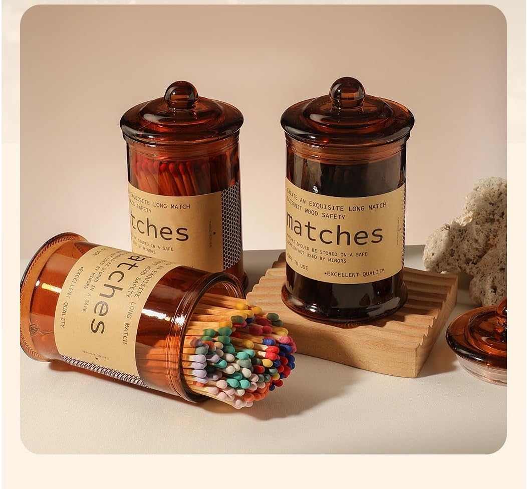 4" Rainbow Matches Included (150 Count). Glass Match Holder with Strikers, Fireplace Matches for BBQ Grill, 150Pcs Long Wooden Safety Match for Candles