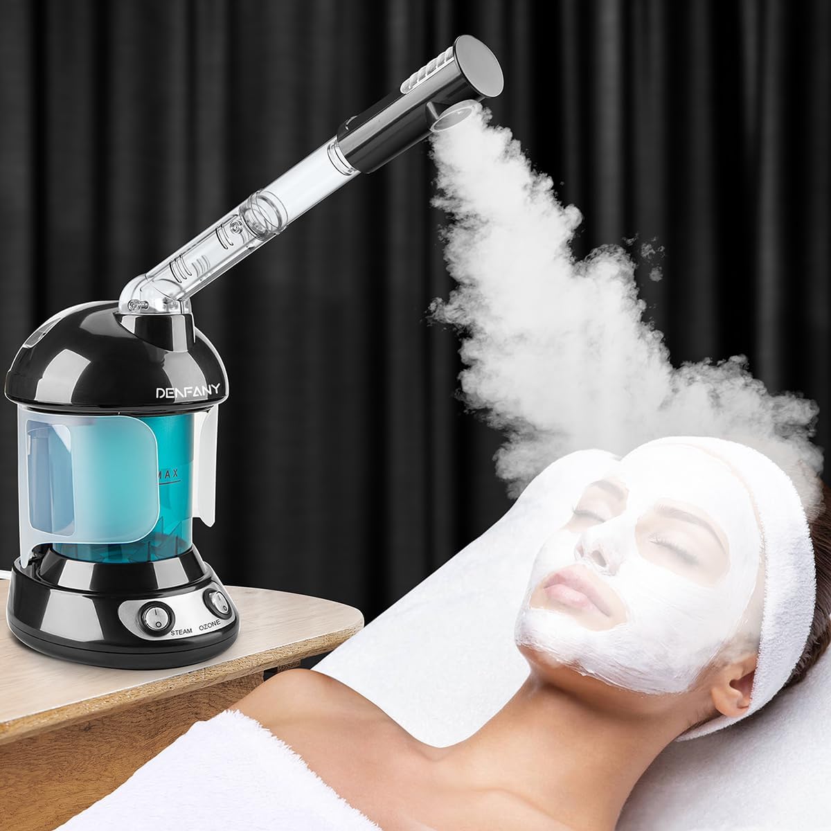 Facial Steamer - DENFANY Nano Ionic Face Steamer with Extendable 360° Rotating Arm - Portable Facial Steamer for Personal Care at Home or Salo （Black）