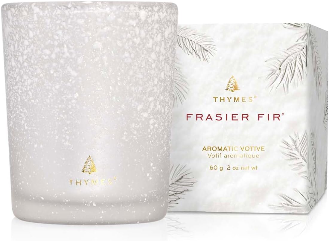 Thymes Frasier Fir Flocked Jar Candles – Holiday Scented Candles for Home with Notes of Crisp Siberian Fir, Cedarwood & Sandalwood – Luxury Home Decor Gifts for Women & Men (Votive, 2 oz)