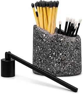 NYXIS Stone Match Holder with Striker & Candle Snuffer, Dual-Chamber Cast Stone Matchstick Holder for 3" & 4" Matches, Heavyweight Fireplace Decor, Gift Box, Dark Gray, Matches Not Included