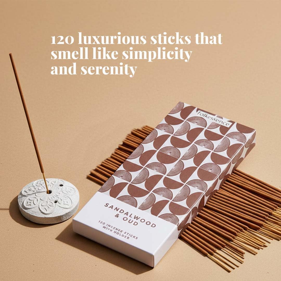 Folkulture Incense Sticks with Holder (120 Sticks)| Sandalwood & Oud Luxury Insence-Sticks for Aromatherapy, Meditation, Focus Gifts |No Charcoal,Non Toxic, 45 Mins, Long Burning Inscents-Sticks