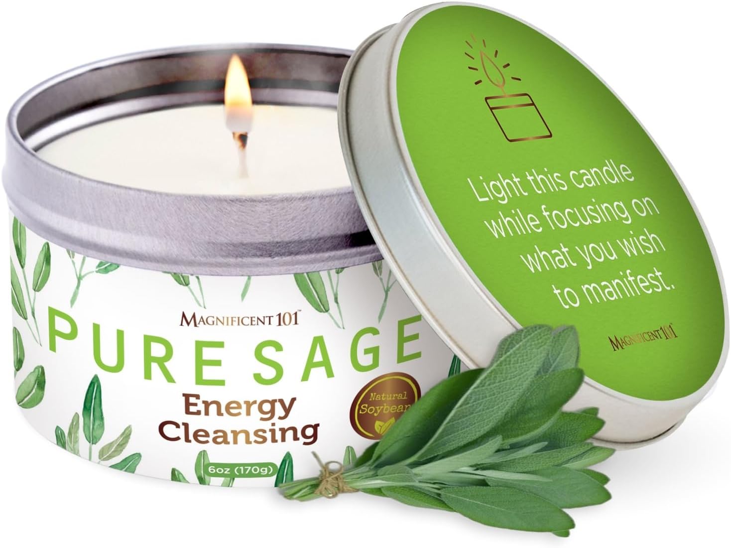Magnificent 101 Long Lasting Pure White Sage Candle - 6 Oz - 35 Hour Burn Time - Organic, All Natural, Soy Candle to Cleanse Your Home & Calm, Soothe, Use with Sage Smudge Kit - Spiritual