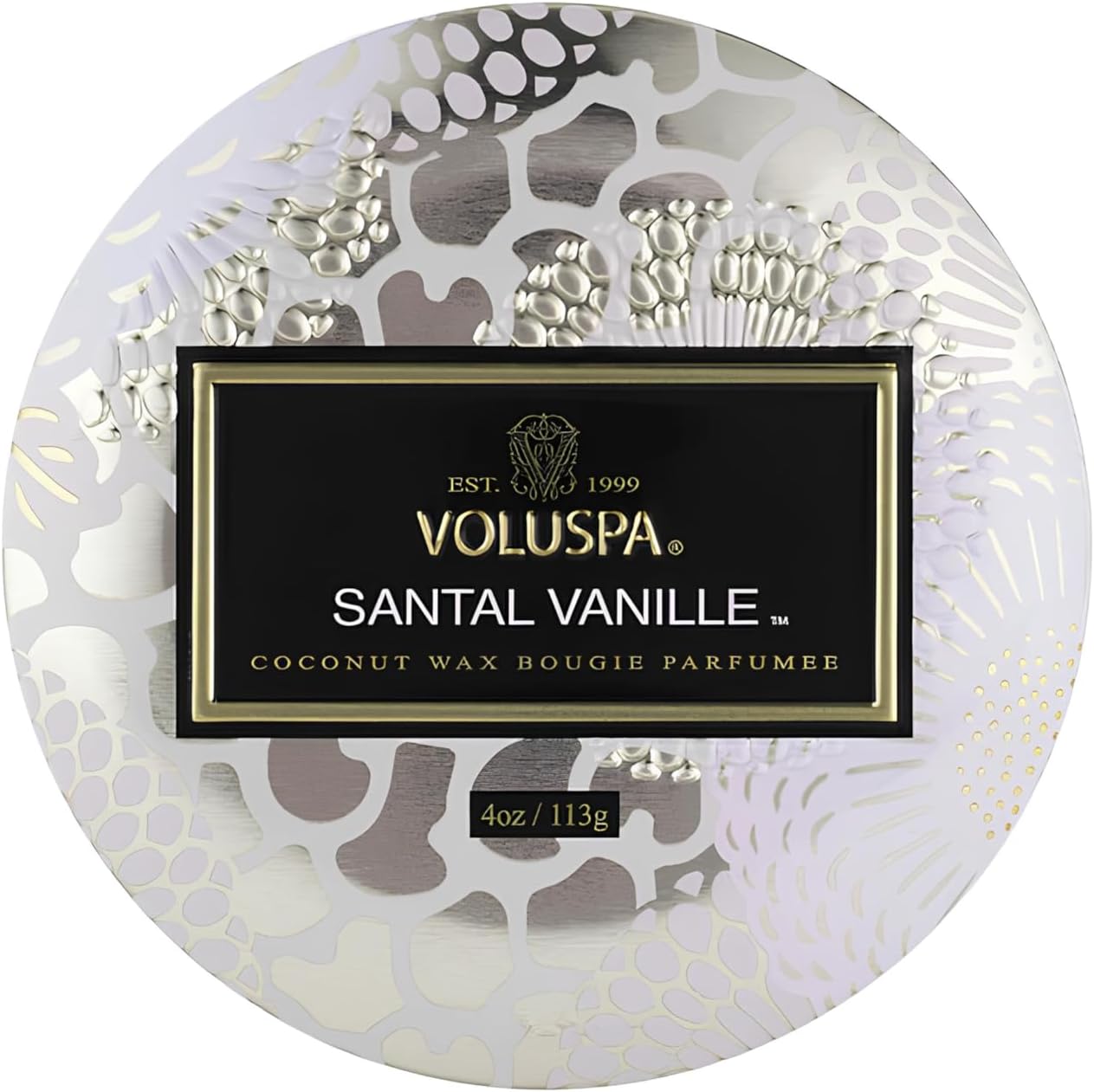 Voluspa Santal Vanille, Mini Tin Candle, 4 Ounce, 25 Hour Burn Time, Coconut Wax for Clean Burning, Handcrafted in the USA