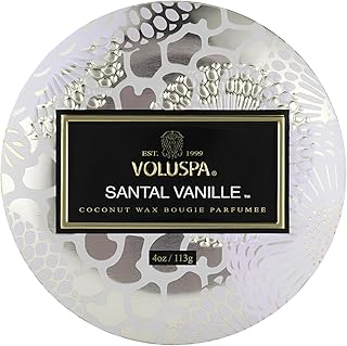 Voluspa Santal Vanille, Mini Tin Candle, 4 Ounce, 25 Hour Burn Time, Coconut Wax for Clean Burning, Handcrafted in the USA