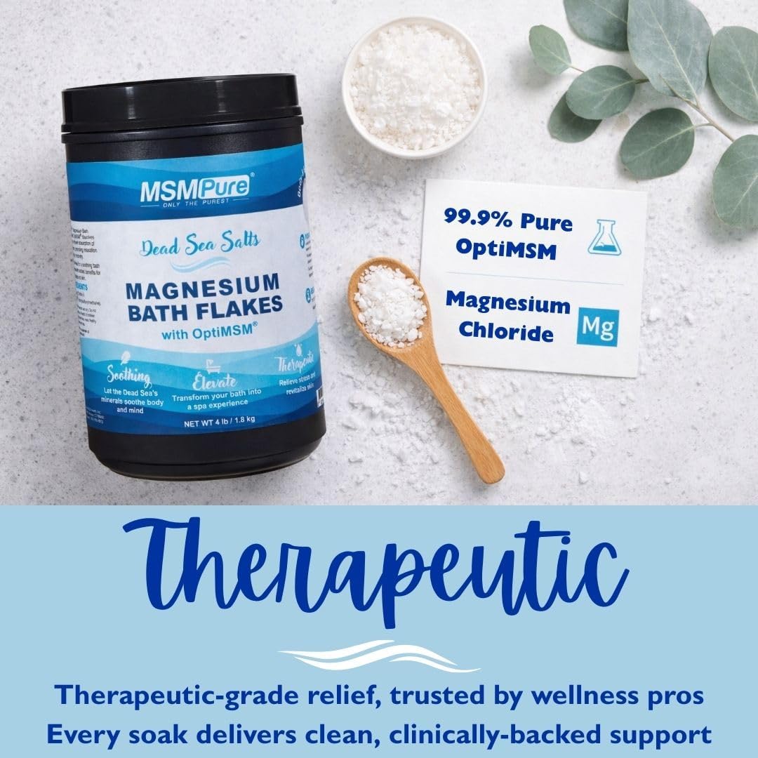 MSMPure Magnesium Bath Flakes with MSM – Dead Sea Magnesium Chloride for Muscle Recovery, Joint Relief & Relaxation – Epsom Salt Alternative for Soaking, Foot Soaks & Baths – 4 lb