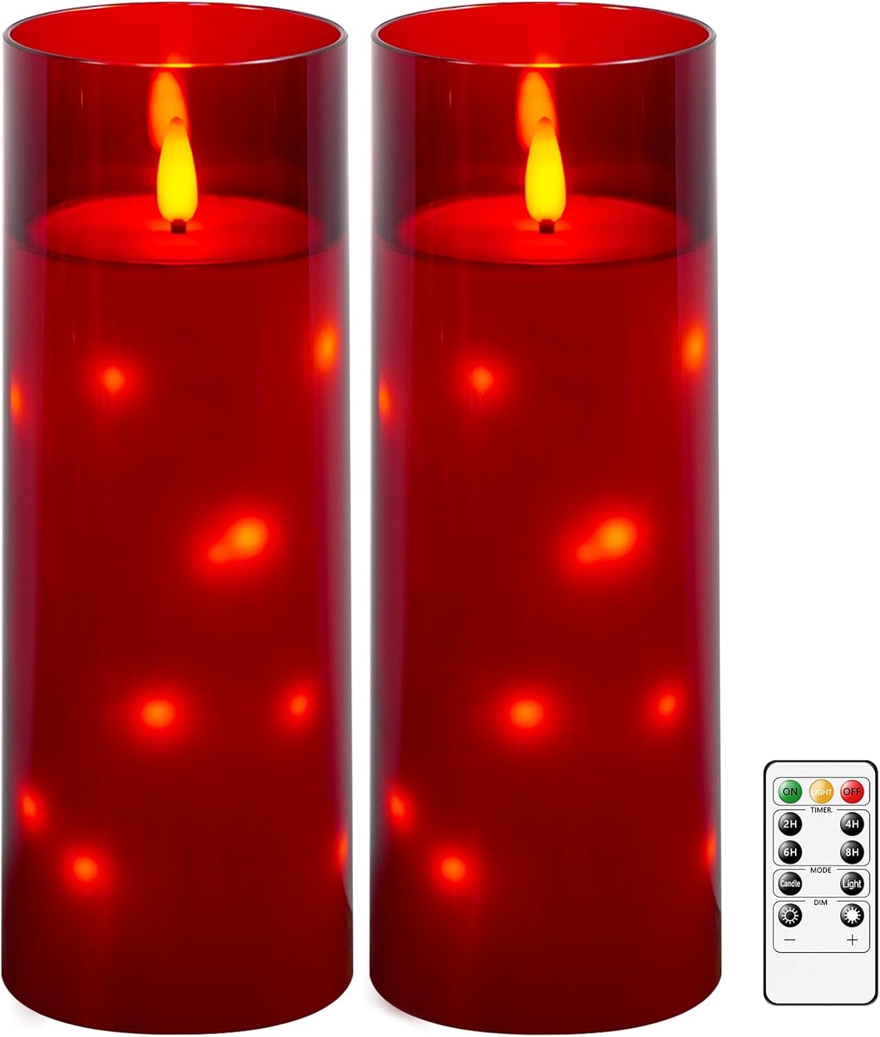 kakoya 11" x 4" Large Outdoor Waterproof Flameless LED Candles with Remote and Timer,Acrylic Pillar Candles Battery Operated with Embedded Star String for Porch,Patio,Outdoor Decor,Set of 2(Red)