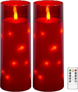 kakoya 11" x 4" Large Outdoor Waterproof Flameless LED Candles with Remote and Timer,Acrylic Pillar Candles Battery Operated with Embedded Star String for Porch,Patio,Outdoor Decor,Set of 2(Red)