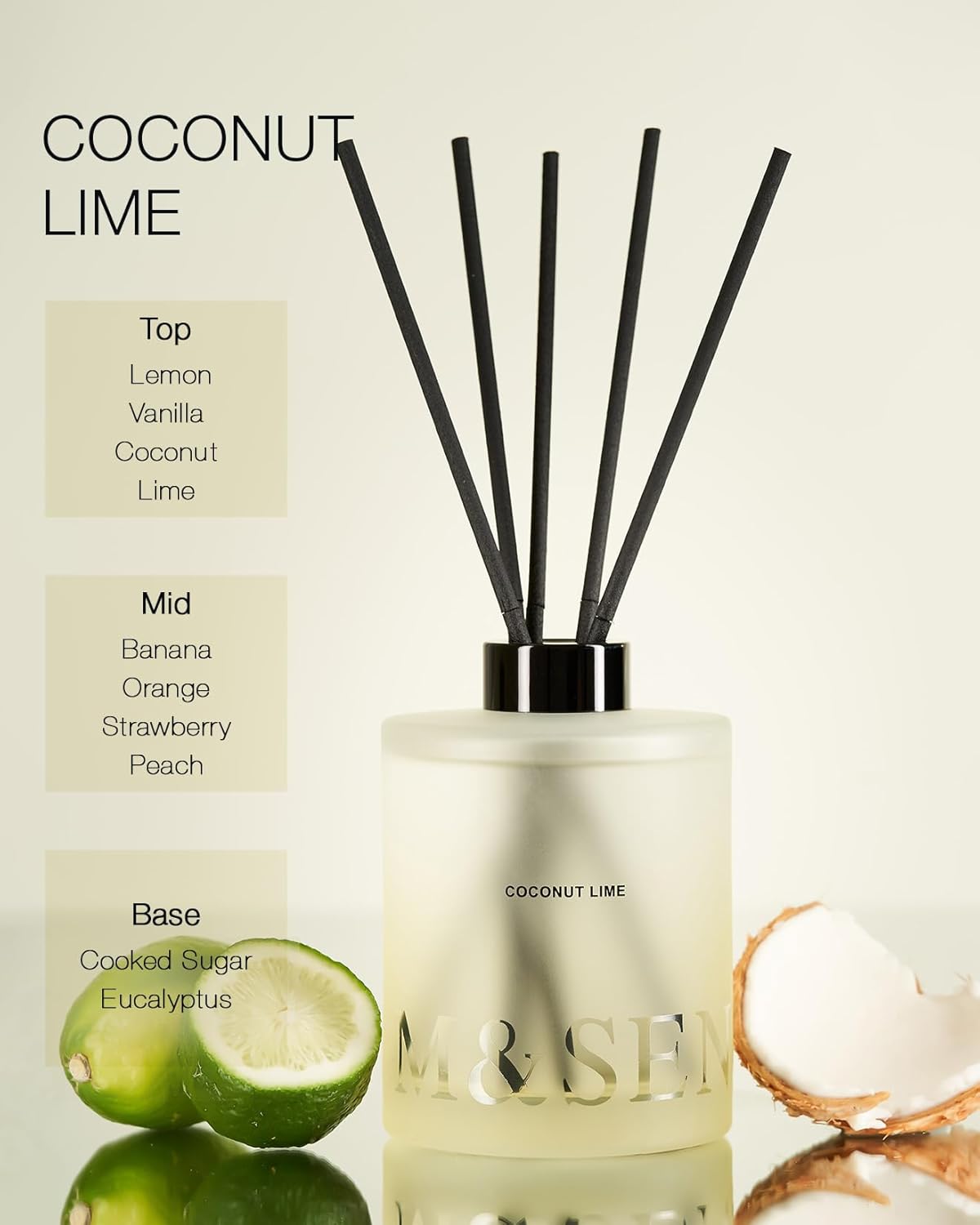 M&SENSE Coconut Lime Reed Diffuser Set - 16.9 fl oz Long-Lasting Scent, Large Natural Oil Diffuser with Sticks, Non-Toxic Aromatherapy Diffuser Gift for Home, Spa & Bedroom