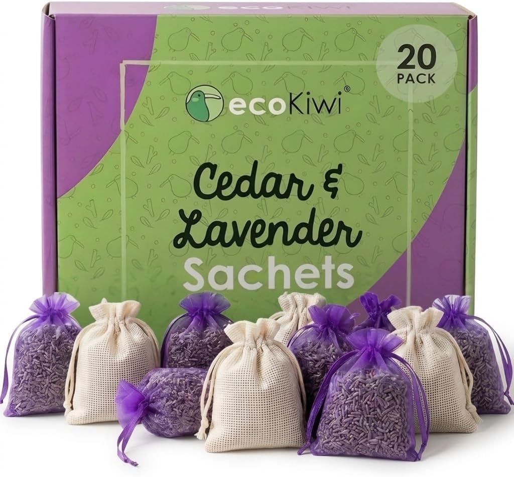 EcoKiwi Cedar & Lavender Sachets – 20 Sachets for Home Fragrence and Fresh Scents, Cedar & Lavender Sachet for Drawers and Closest, Dual-Purpose Sachet to Stop Clothes Damage and Closest Freshness
