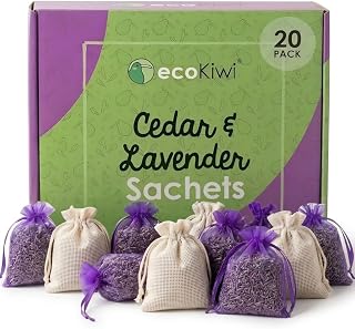 EcoKiwi Cedar & Lavender Sachets – 20 Sachets for Home Fragrence and Fresh Scents, Cedar & Lavender Sachet for Drawers and Closest, Dual-Purpose Sachet to Stop Clothes Damage and Closest Freshness