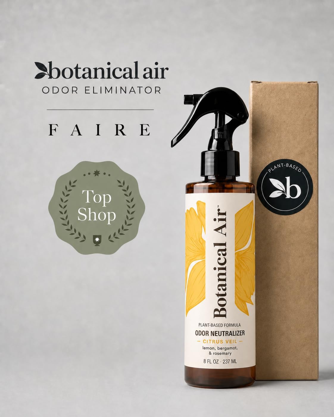 Plant-Based Odor Eliminator Spray – Natural Essential Oil Air Freshener for Home, Bathroom, Fabrics &amp; Pet Areas – 8 oz (Citrus Veil)