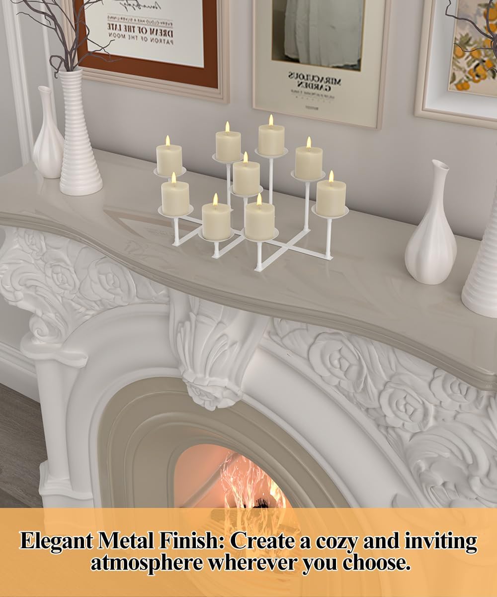 Fireplace Candle Holder with 9 Wax Pillar Plates, Candelabra Floor Mantle Iron Candles Stand for Inside Fire Place Decor Table Centrepiece Wedding Party Advent Decoration, White