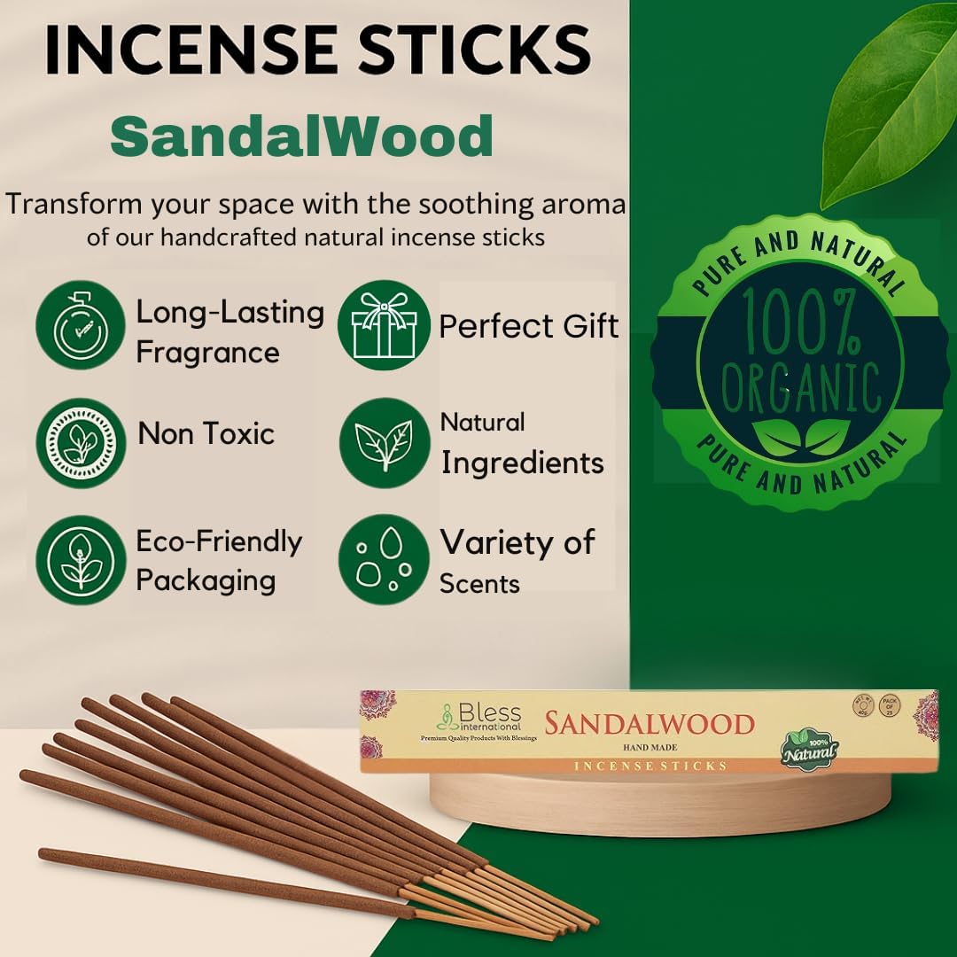 Bless-Sandalwood 100%-Natural-Handmade-Hand-Dipped-Incense-Sticks Organic-Chemicals-Charcoal-Free Purification-Relaxation-Positivity-Yoga-Meditation Best-Woods-Scent (25 Sticks (1.4 OZ))