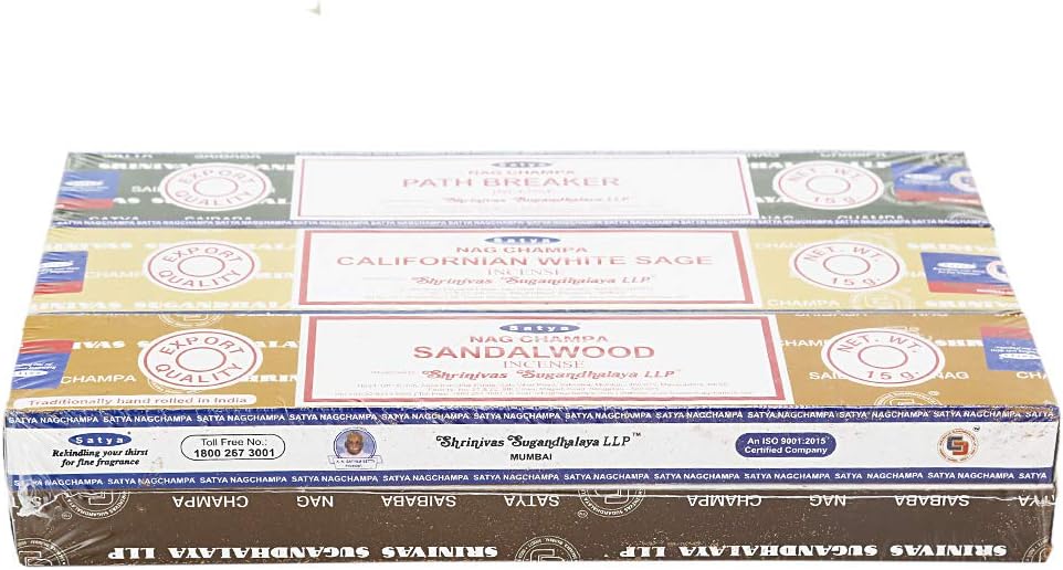 Satya - Set of 6 - Nag Champa, Super Hit,Path Breaker,Soul Searcher, Sandalwood, Californian White Sage 15 Grams