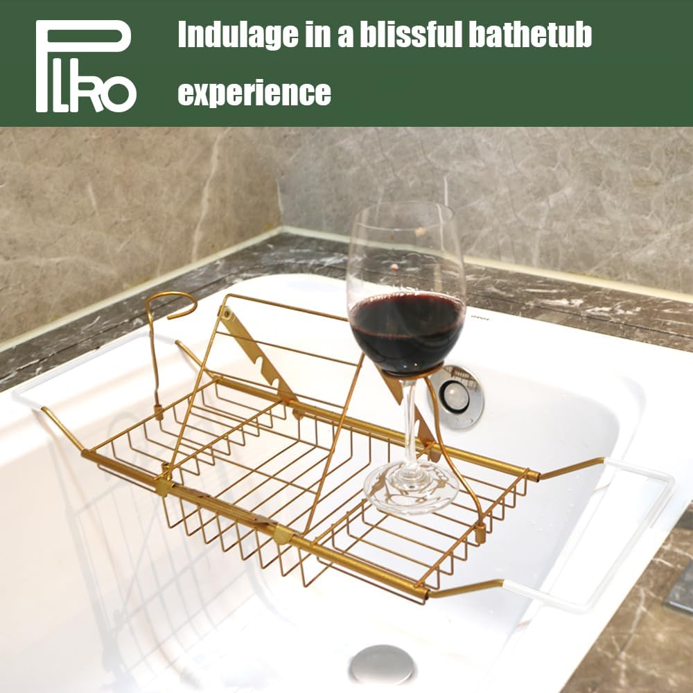 Bathtub Tray,Stainless Steel Shower Bathtub Caddy Tray with Removable Book Holder Red Wine Rack Holder, for Home Kitchen Bathroom,Gold