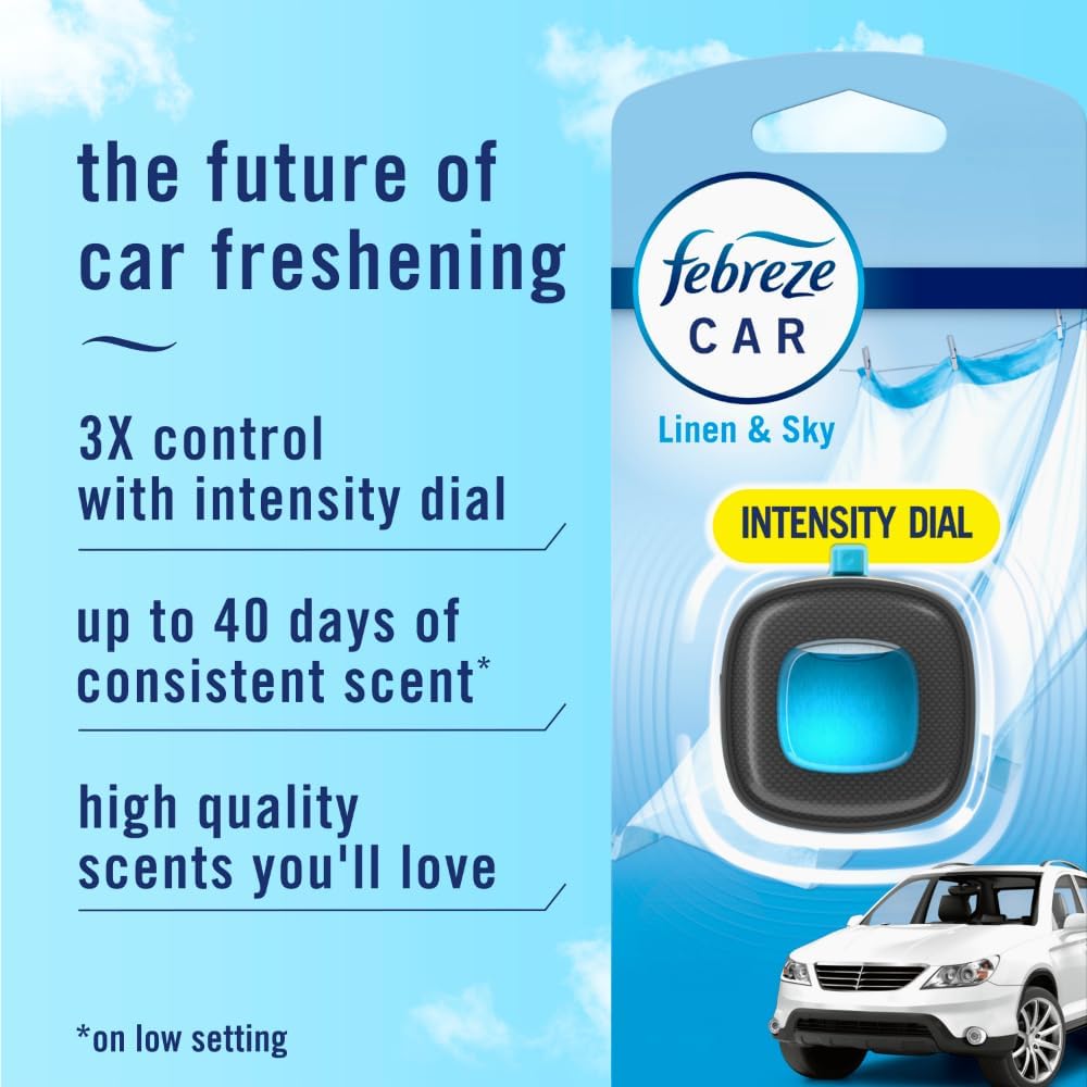 Febreze Car Air Freshener, Odor-Fighting Automotive Vent Clip, Linen & Sky Scent, 3 Count