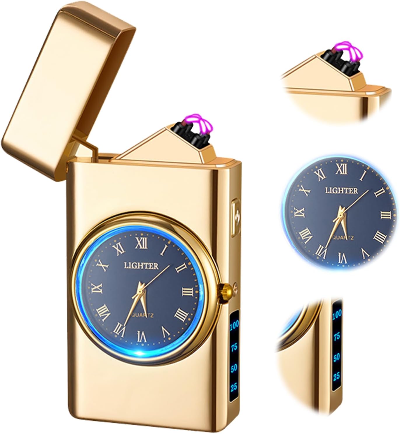 Windproof Dual Arc USB Rechargeable Clock Plasma Lighter with LED Display Lighter for Camping, Hiking, Candles, Barbecues and Outdoor Adventures Carry(Gold)