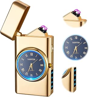 Windproof Dual Arc USB Rechargeable Clock Plasma Lighter with LED Display Lighter for Camping, Hiking, Candles, Barbecues and Outdoor Adventures Carry(Gold)